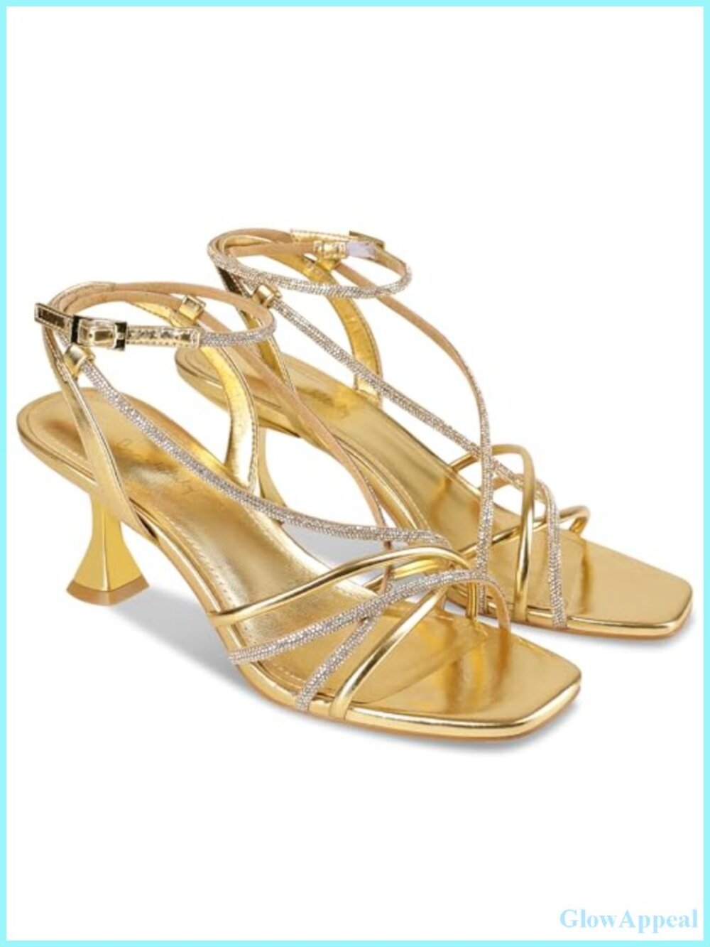 Rhinestone Strappy Heels Square Open Toe Kitten Heel Ankle Strap Sandals